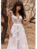 Ivory Embroidery Lace Tulle Deep V Back Chic Wedding Dress